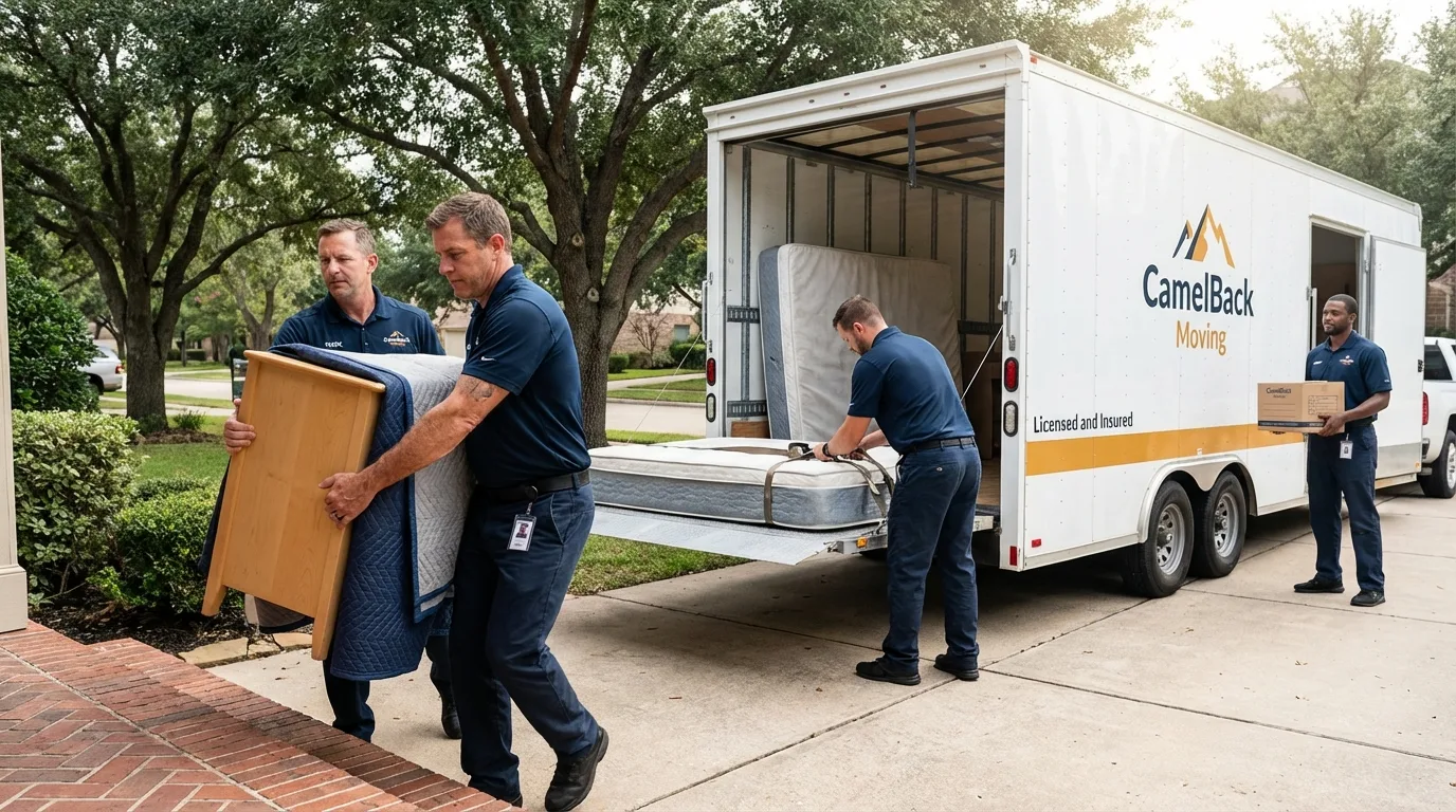 Crew loading residential truck for cross-state move from Van Horn, TX