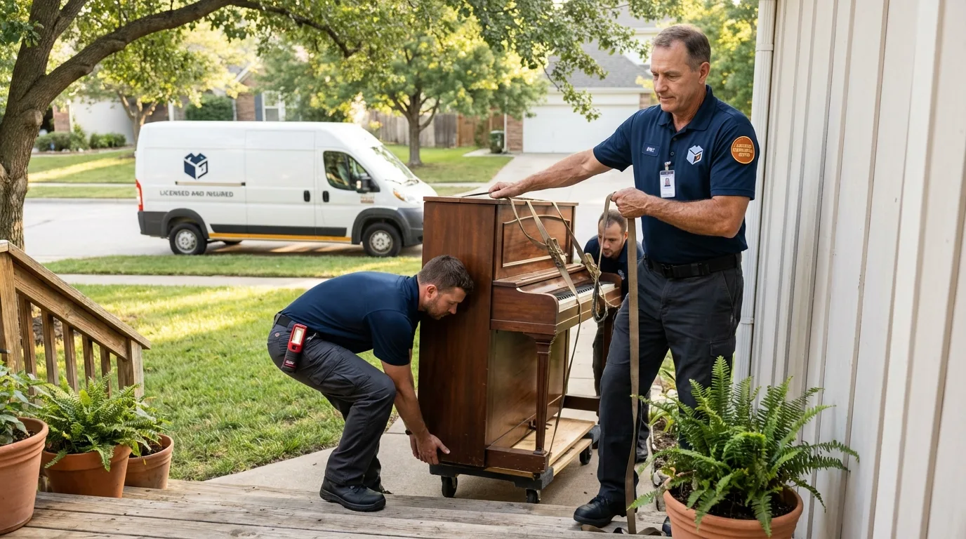 Licensed piano movers securing grand piano in Van Horn, TX
