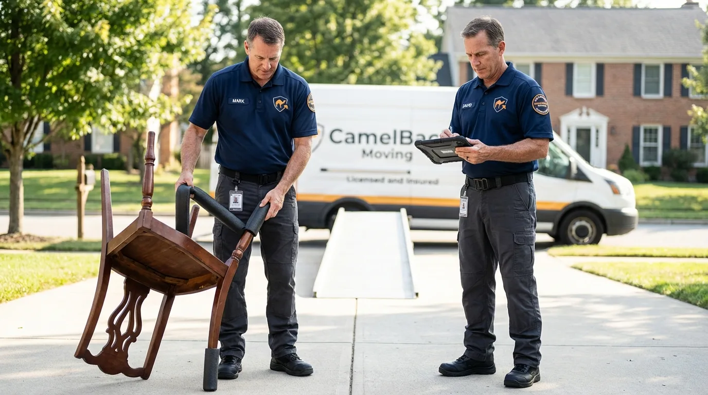 Movers inspecting furniture for damage prevention before loading in Van Horn, TX
