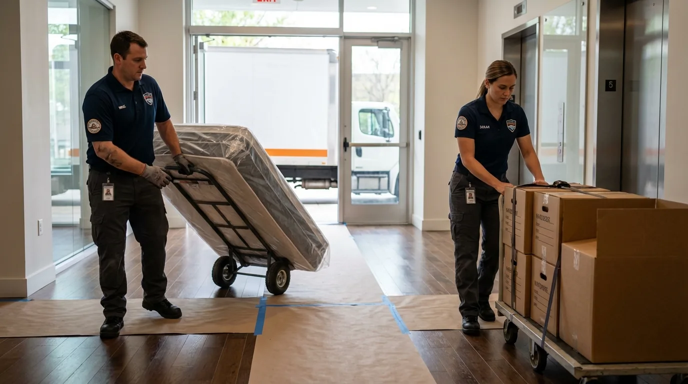 Professional apartment movers loading elevator in Van Horn, TX